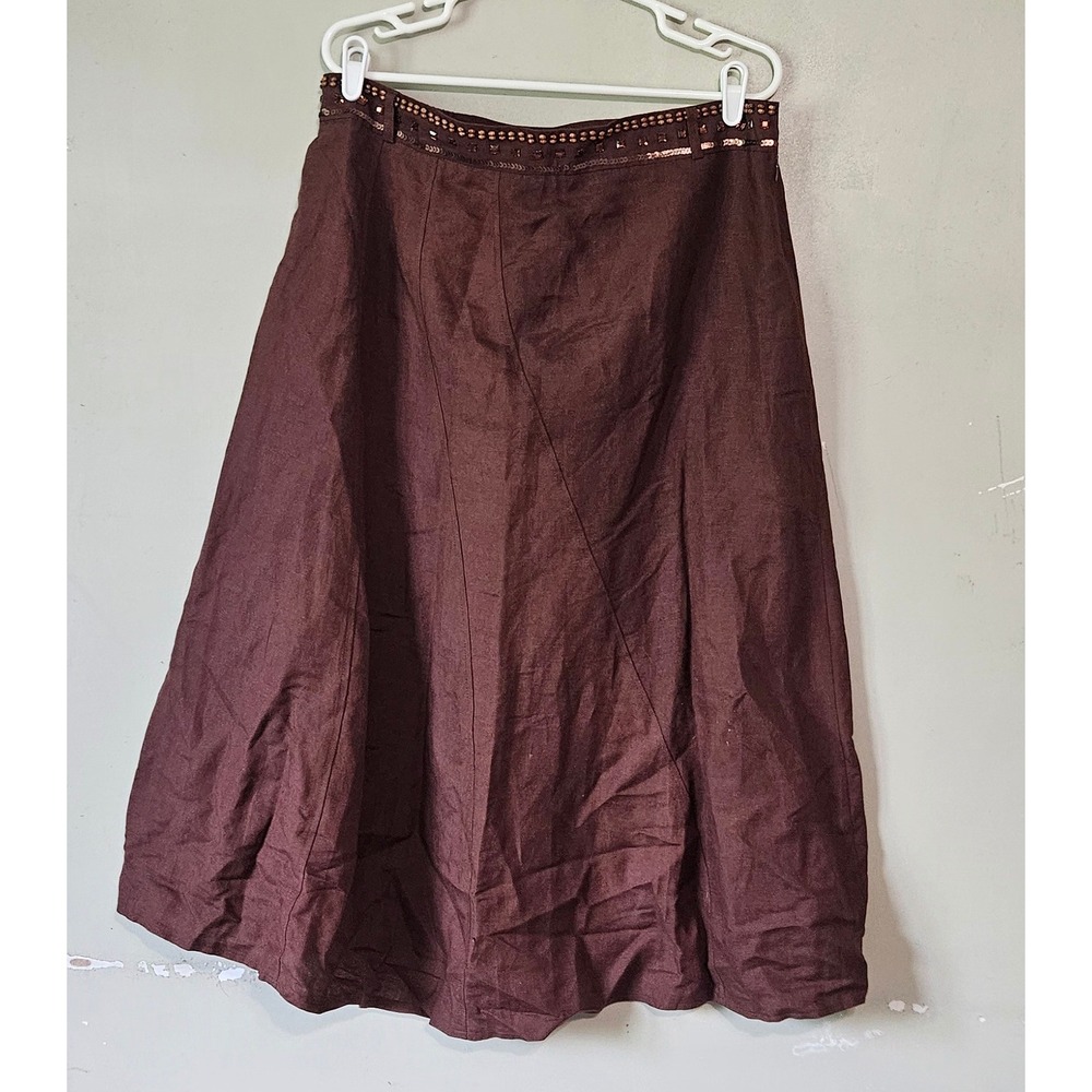 Vintage Linen‑Blend Midi Skirt — Boho Studded Waist, 90s/2000s Size 16W